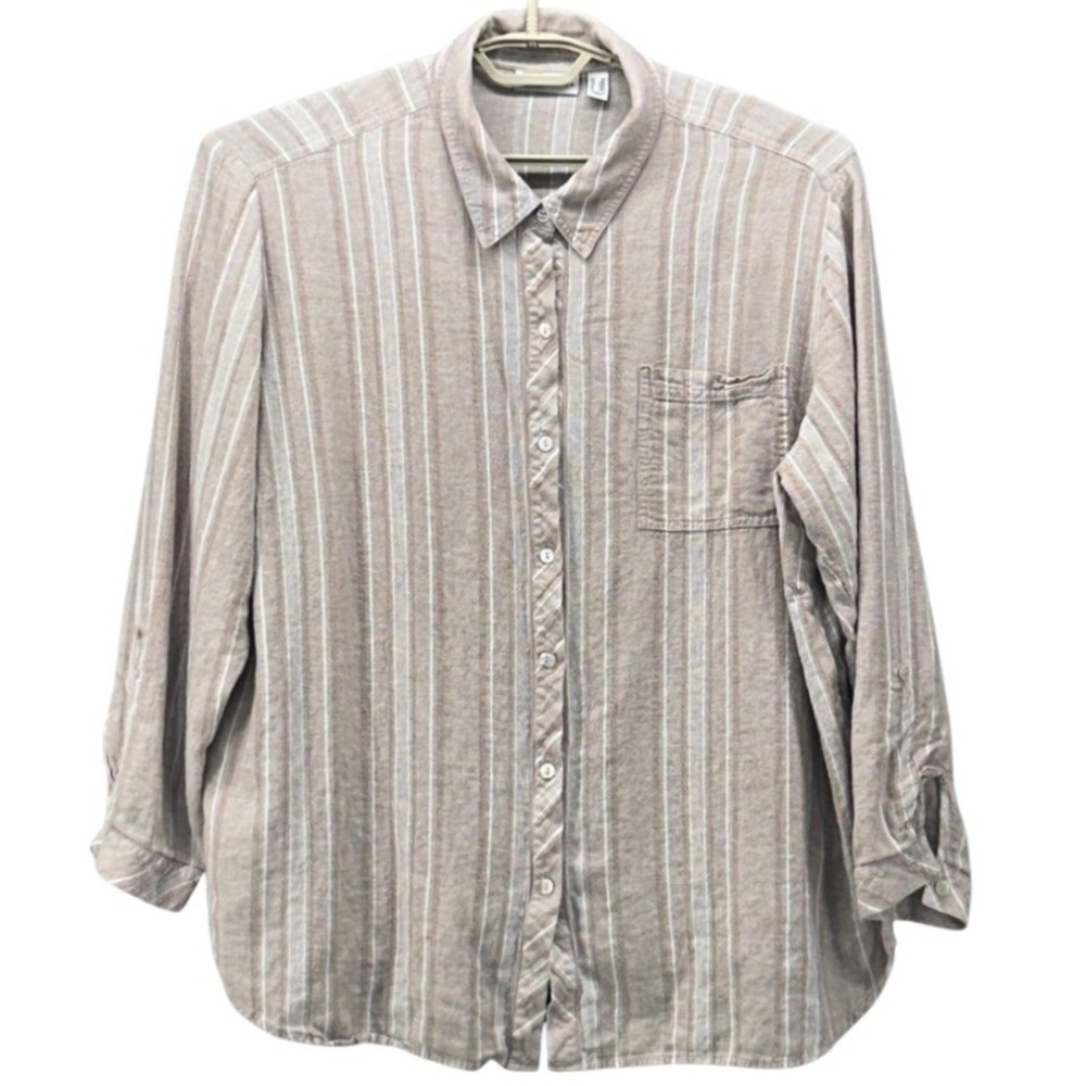 Susan Graver Linen Button Up Top‎ Tan 2X